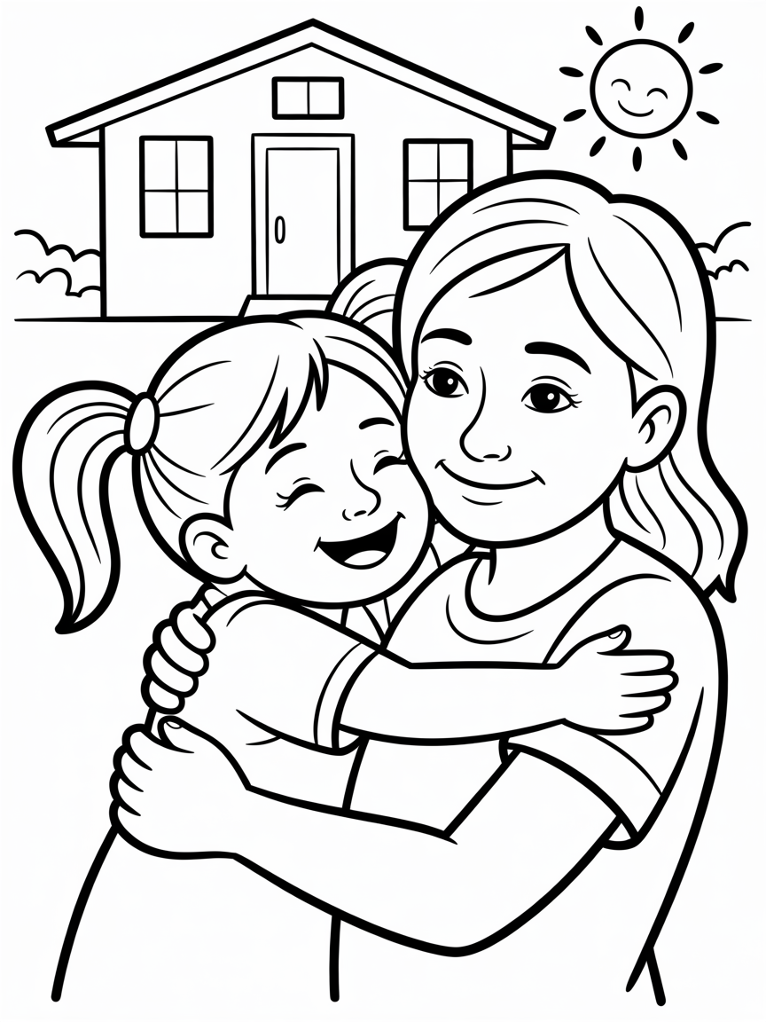 a young girl hugging a mom out side saying 