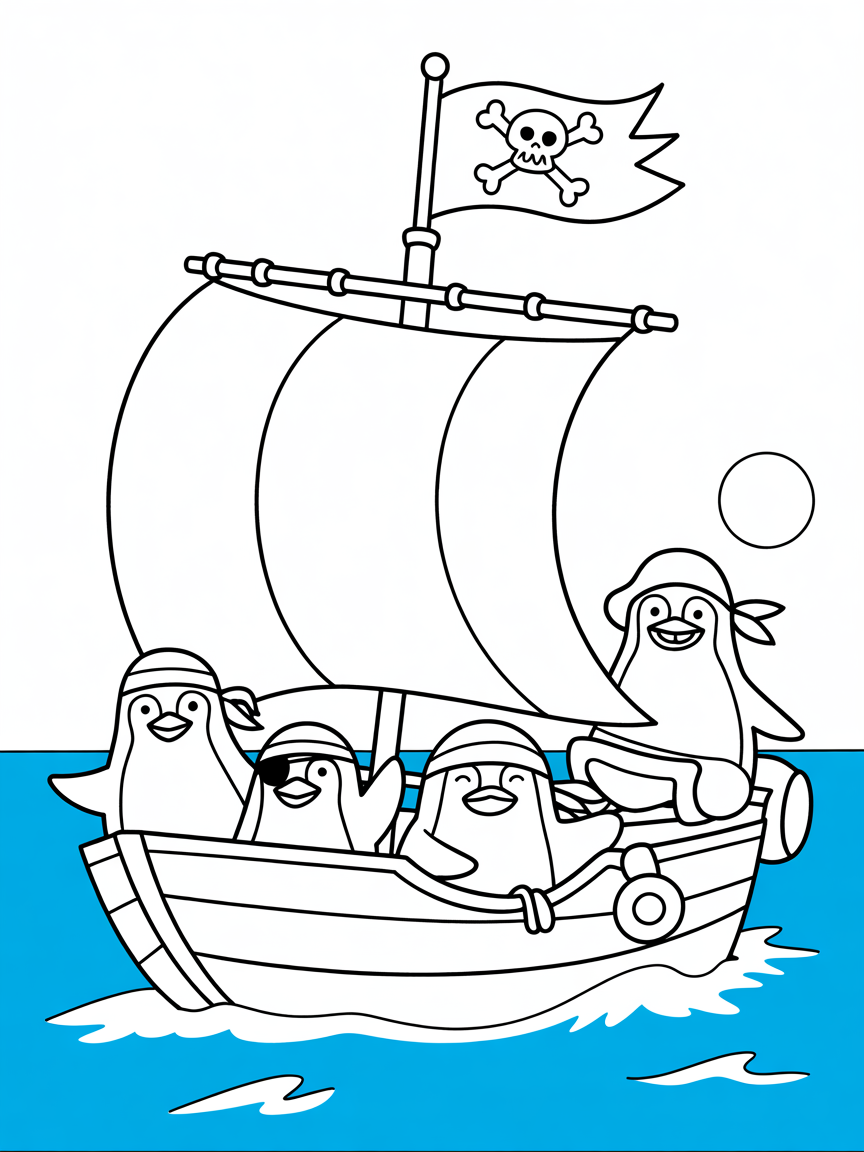 Pirate penguins sailing a treasure map - Free Coloring Page
