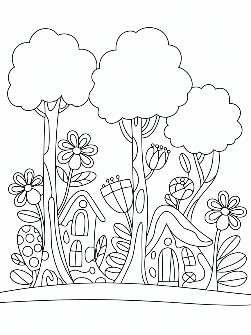 Tall trees with fairy cottages and exotic flowers - Free Coloring Page