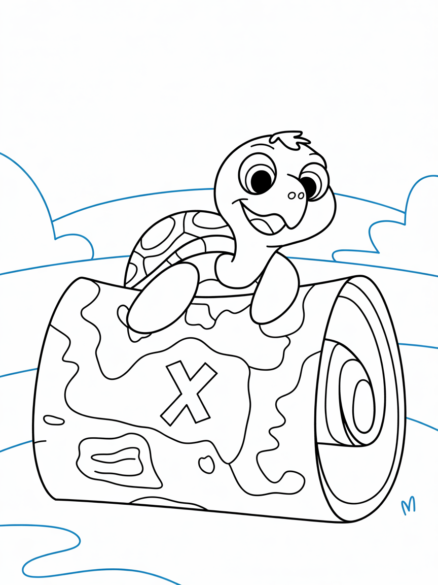 Turtle exploring a treasure map - Free Coloring Page