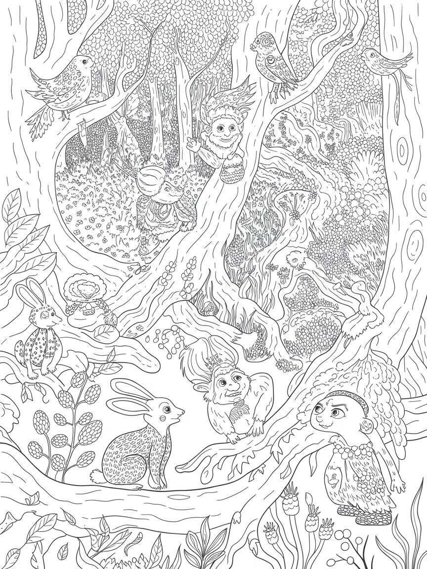 Enchanted forest with trolls and fairest rabbits and birds - Free Coloring Page