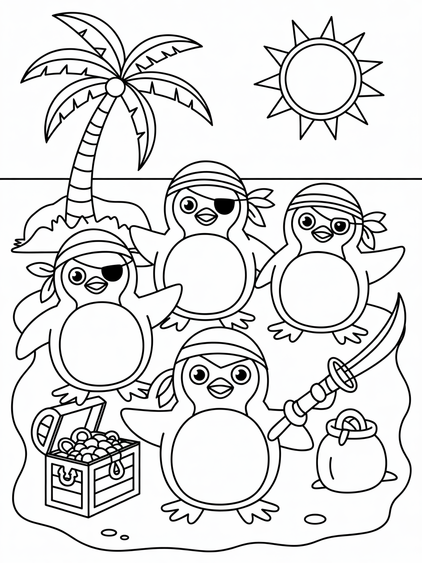Pirate penguins on a treasure island - Free Coloring Page