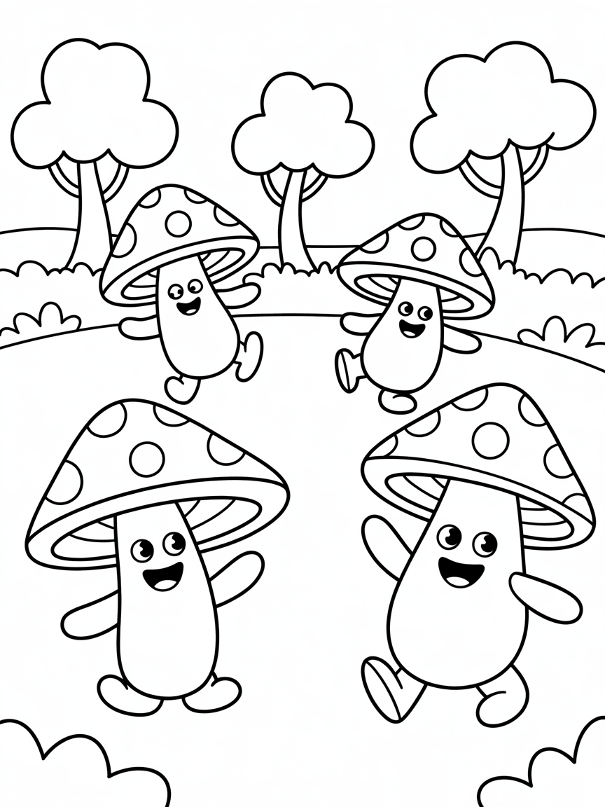 Happy mushrooms dancing in the forest - Free Coloring Page