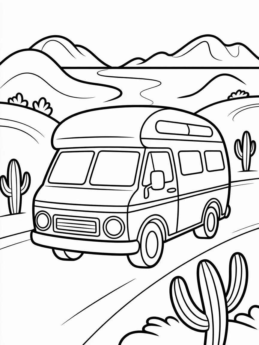 A camper van in the American desert - Free Coloring Page