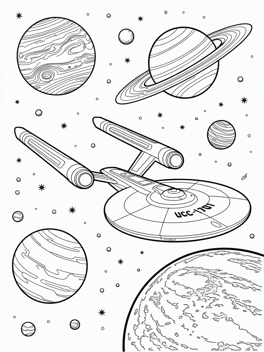 USS Enterprise in the solar system - Free Coloring Page