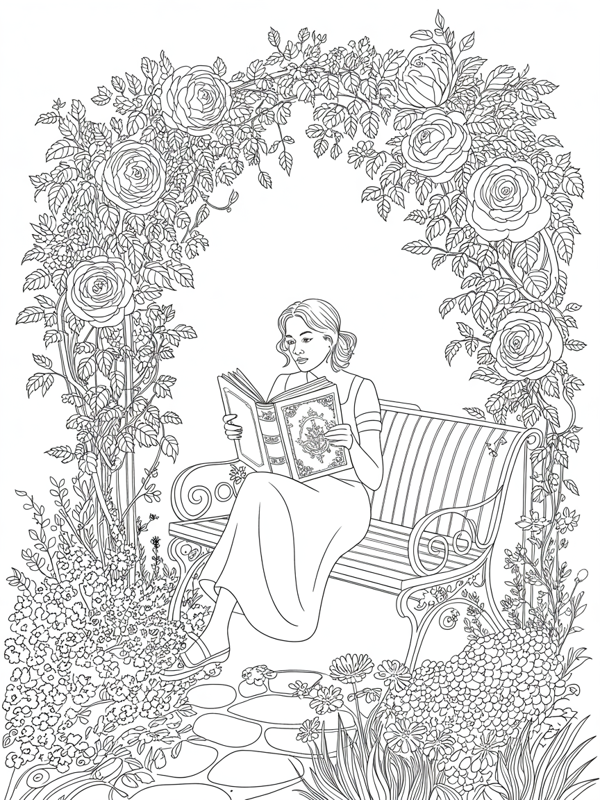 A woman reading a book in a garden - Free Coloring Page