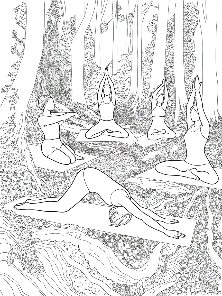 Yoga group in a forest - Free Coloring Page