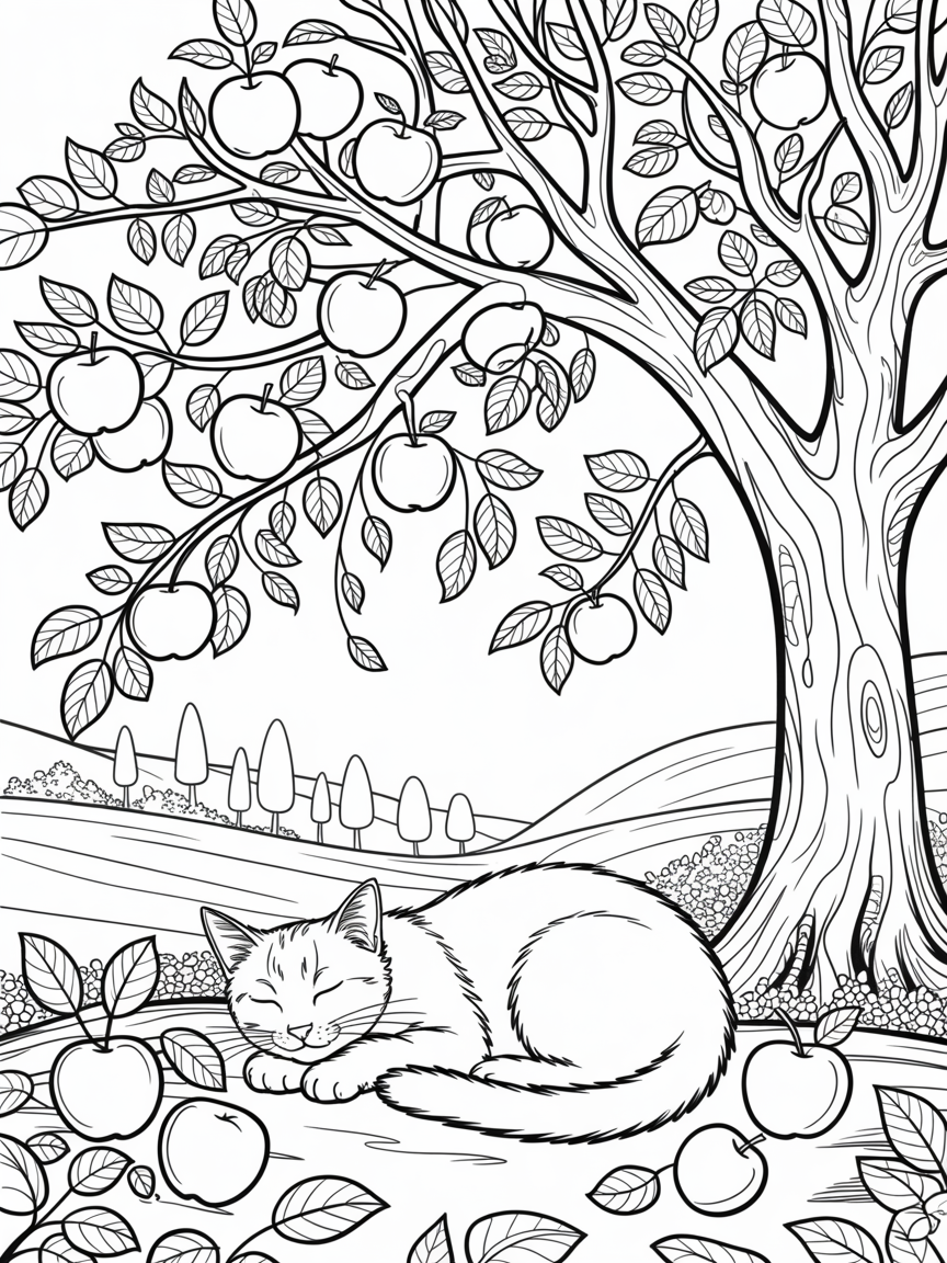 A cat sleeping under an apple tree - Free Coloring Page