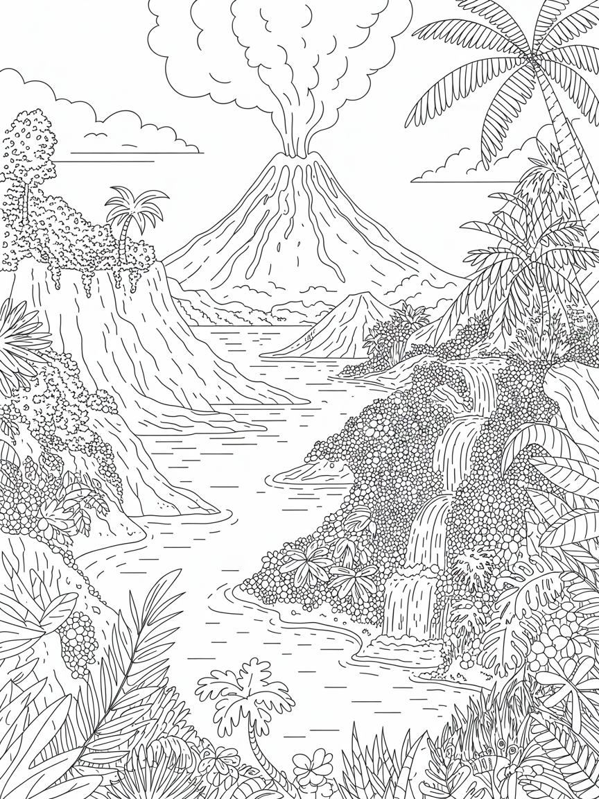 A volcanic island with sunny weather - Free Coloring Page