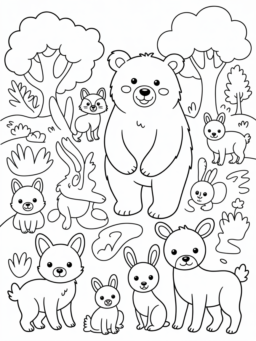 A forest with a lot of animals. One of them needs to be a bear - Free Coloring Page