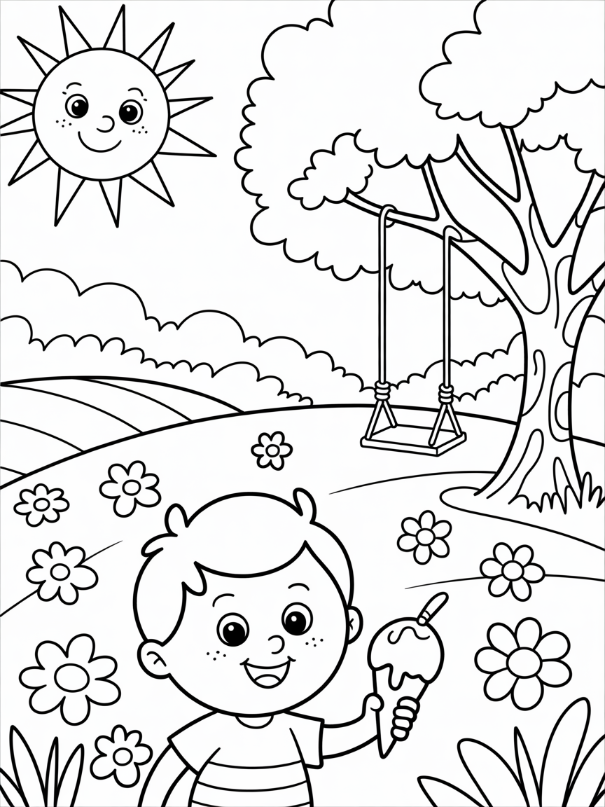 A summer with blue skies and flowers on the grass, swing on a tree and ice-cream - Free Coloring Page