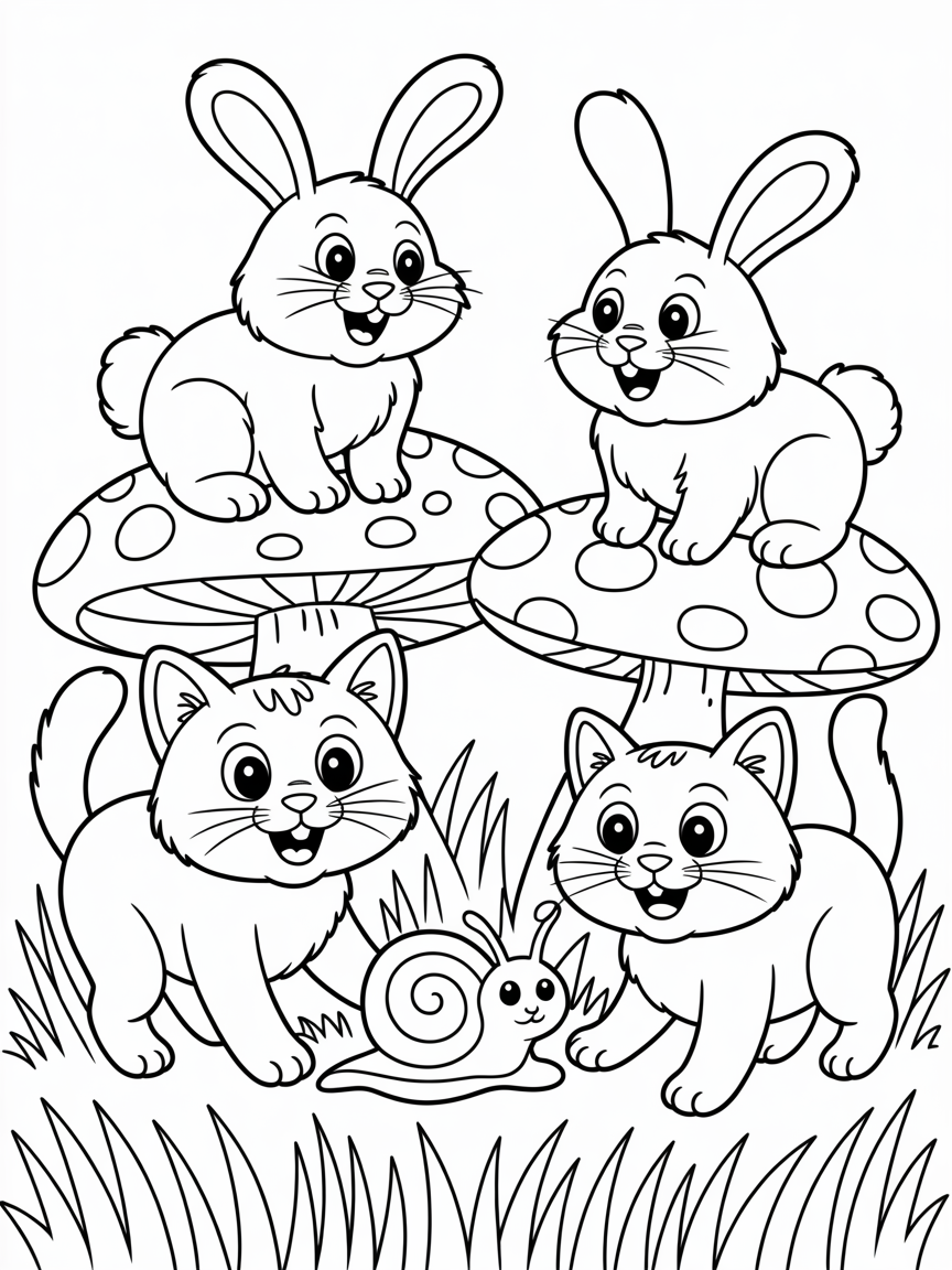 Bunnies on mushrooms and cats with snails in grass - Free Coloring Page
