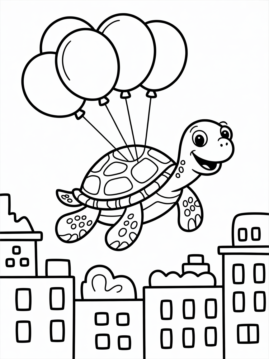 Turtle flying with balloons over city - Free Coloring Page