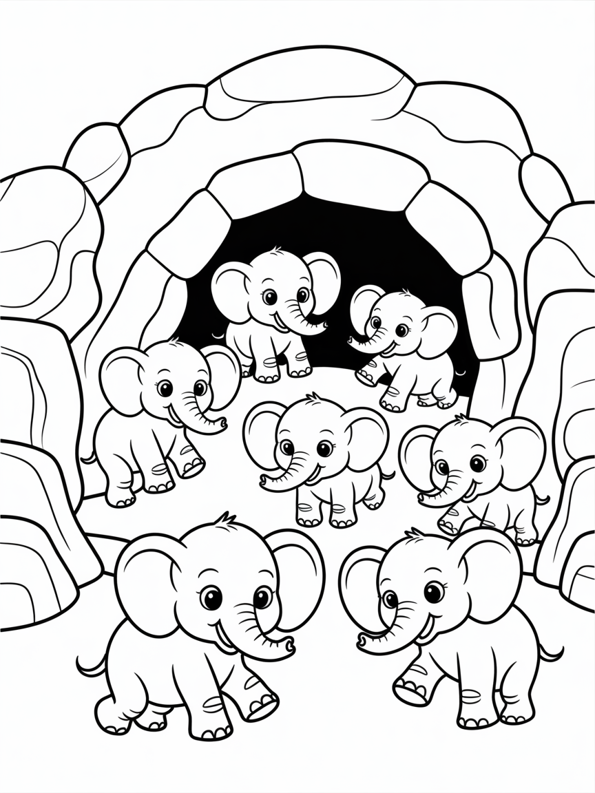 Six baby asian elephants entering a cave - Free Coloring Page