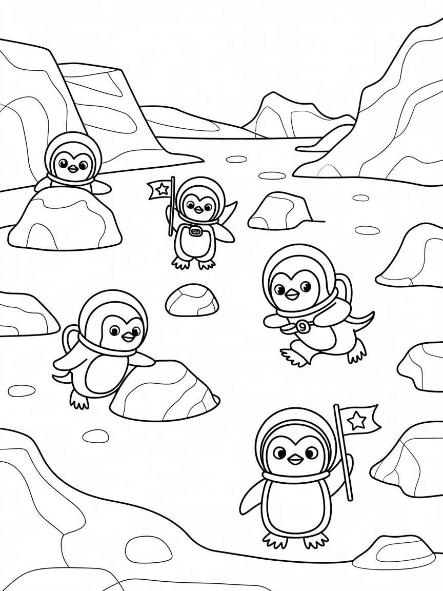 Astronaut penguins exploring an ice planet - Free Coloring Page