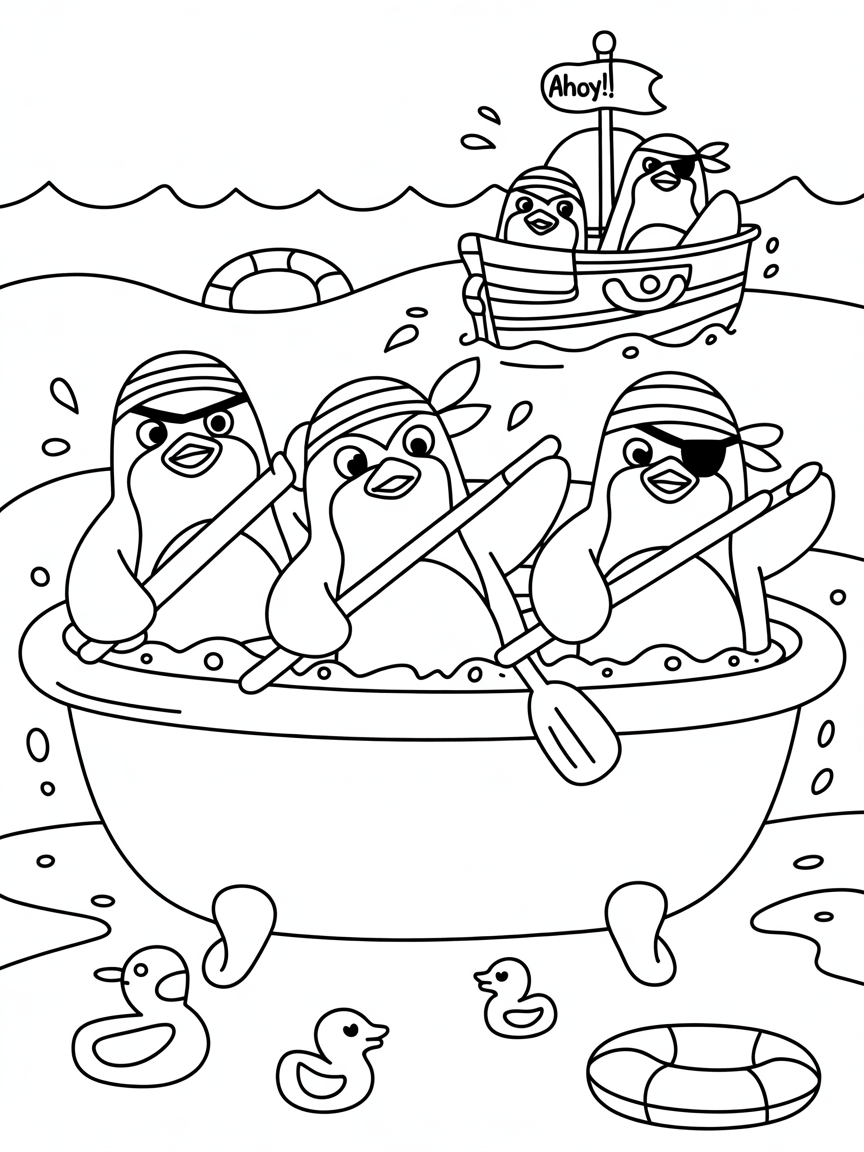 Pirate penguins sailing in a bathtub - Free Coloring Page