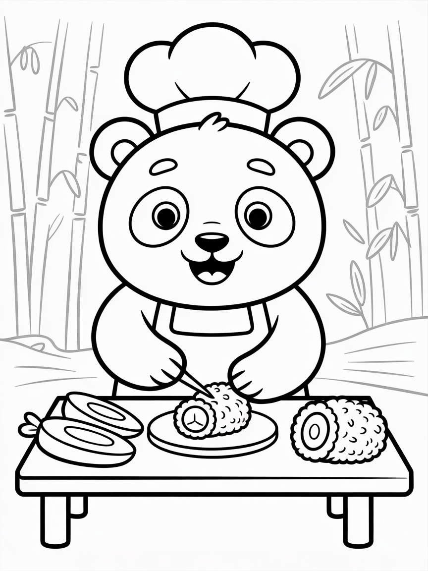 Panda chef making sushi rolls - Free Coloring Page