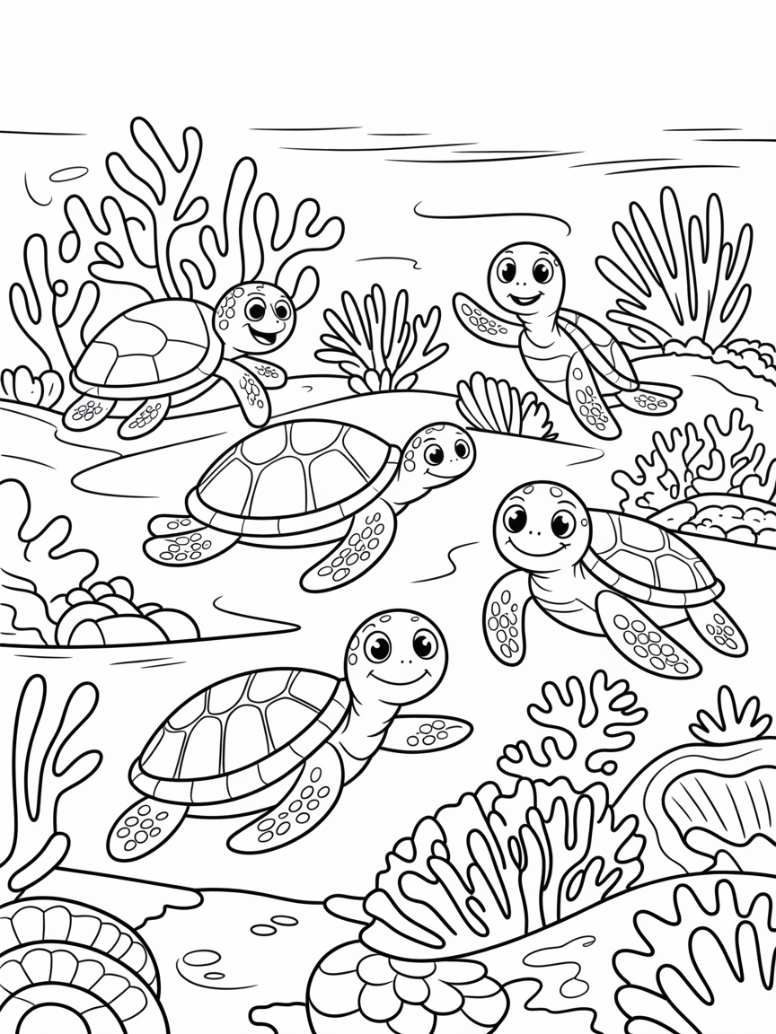 Turtles,seascape, great barrier reef - Free Coloring Page