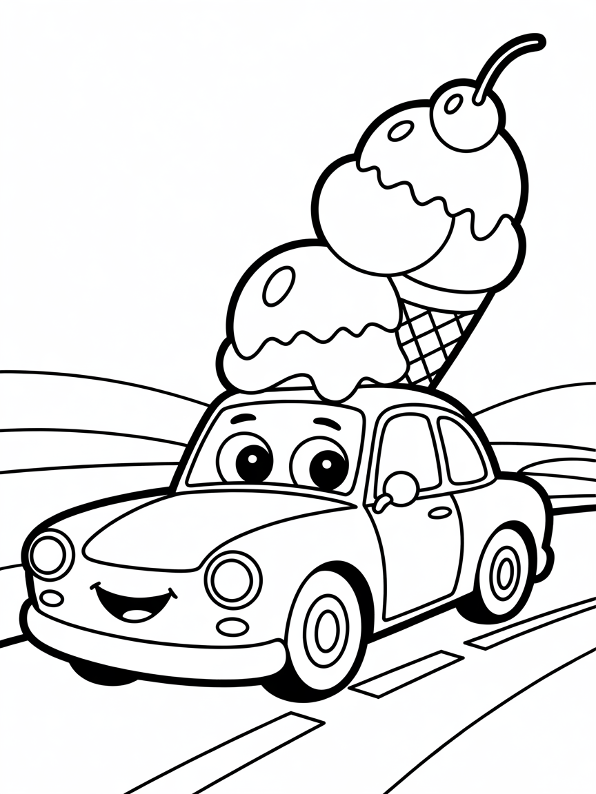 Car with ice cream cone - Free Coloring Page