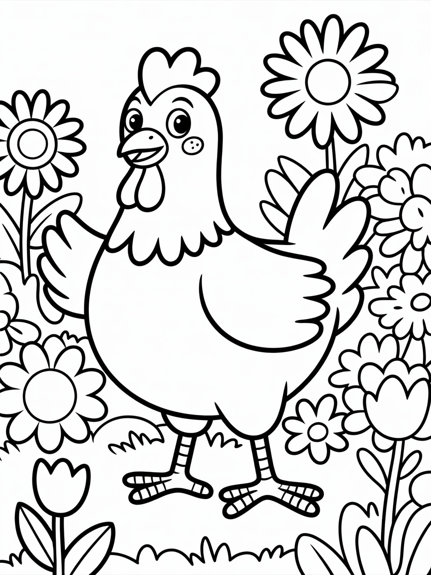 Chicken in a flower bed - Free Coloring Page