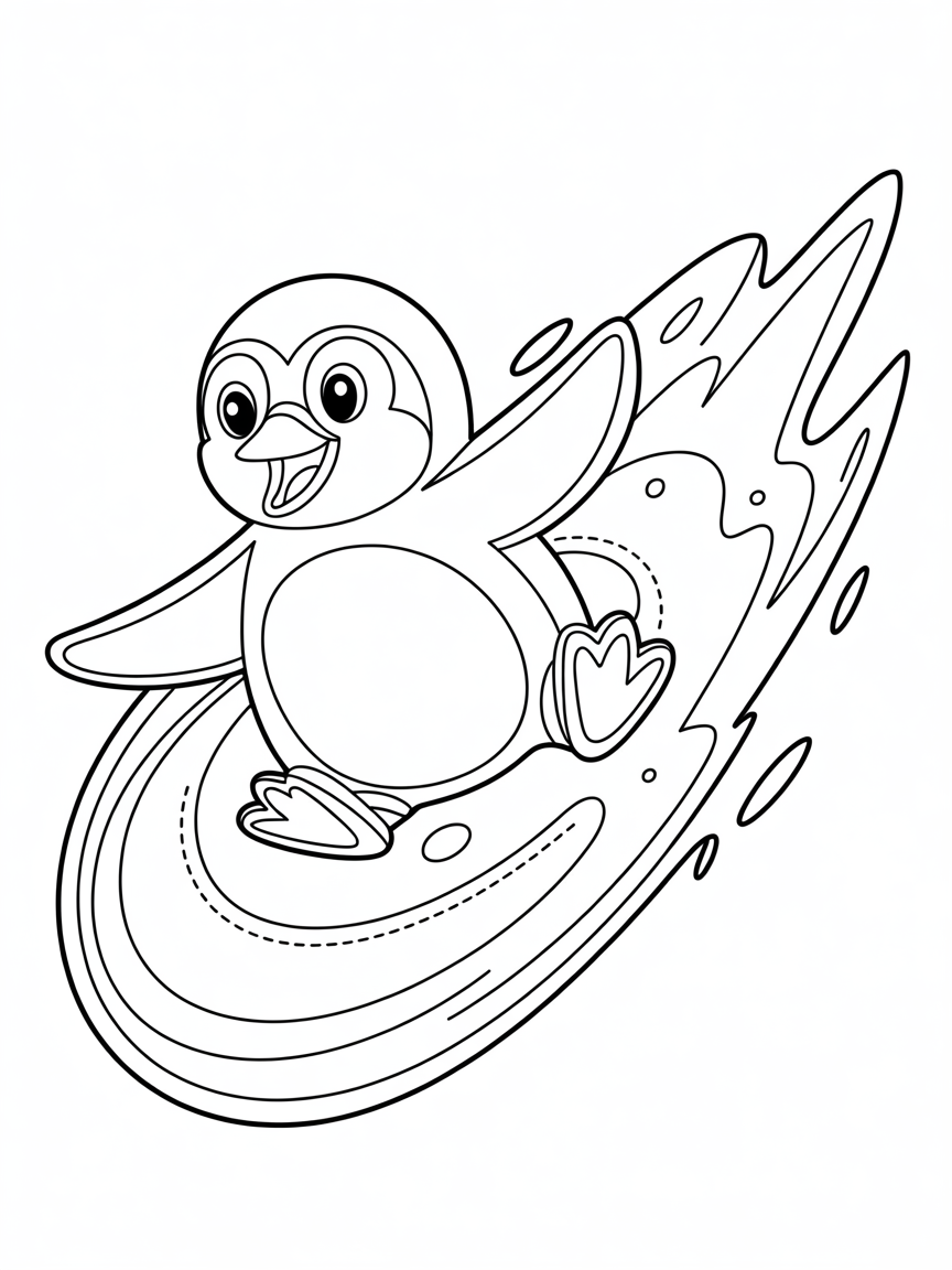Space penguin surfing on a comet - Free Coloring Page