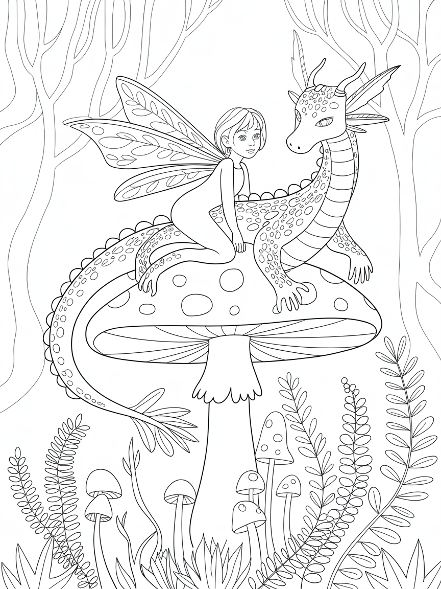 Mushroom dragon fairy - Free Coloring Page