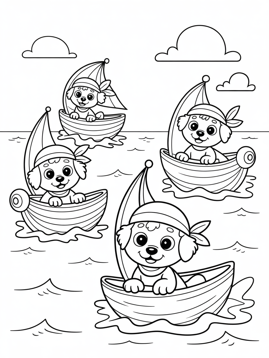 Pirate puppies sailing seashell ships - Free Coloring Page
