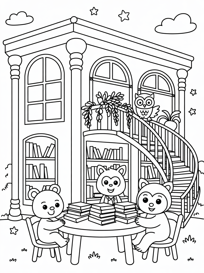 Enchanted library - Free Coloring Page