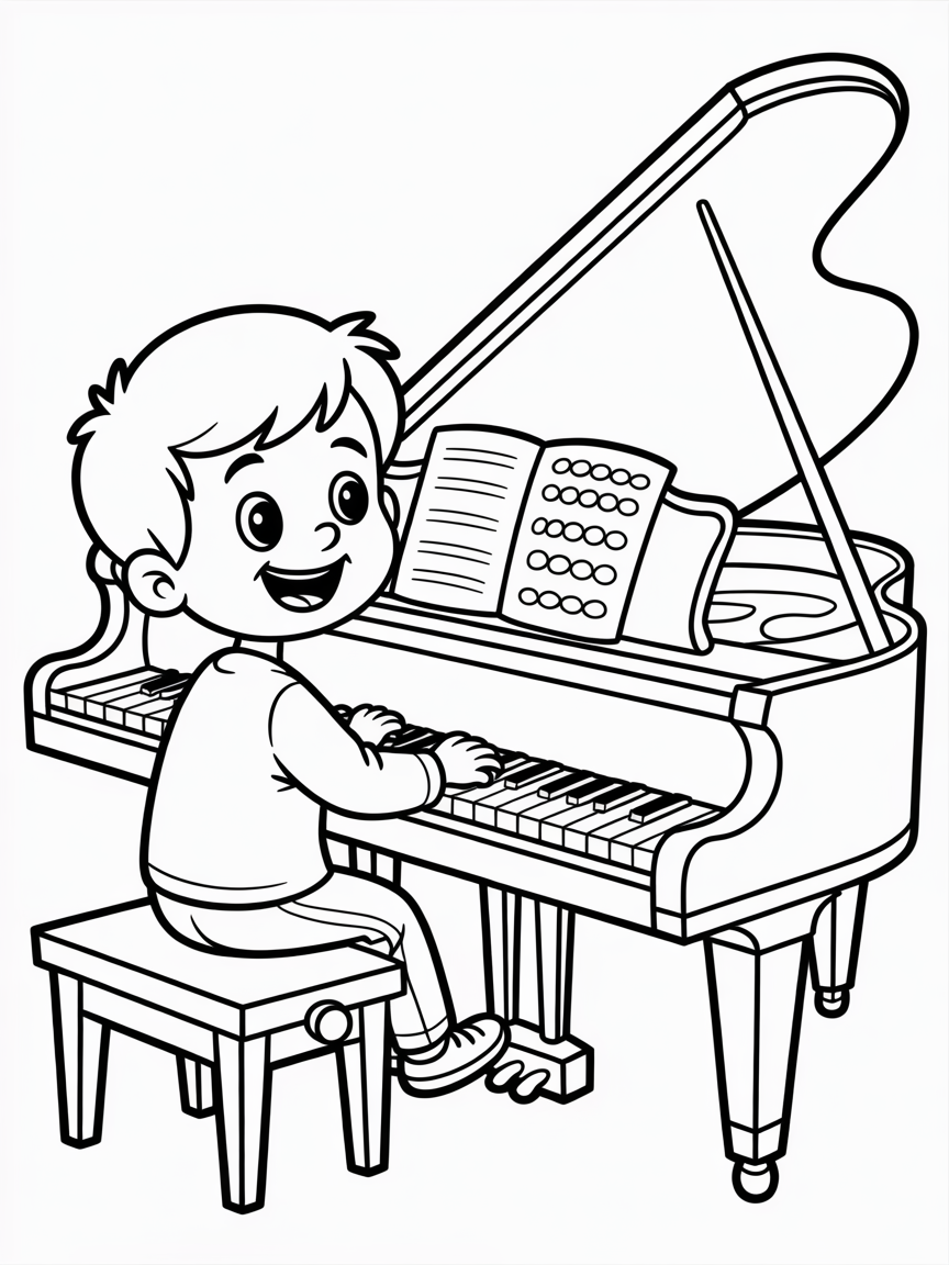 Cool kid playing piano - Free Coloring Page