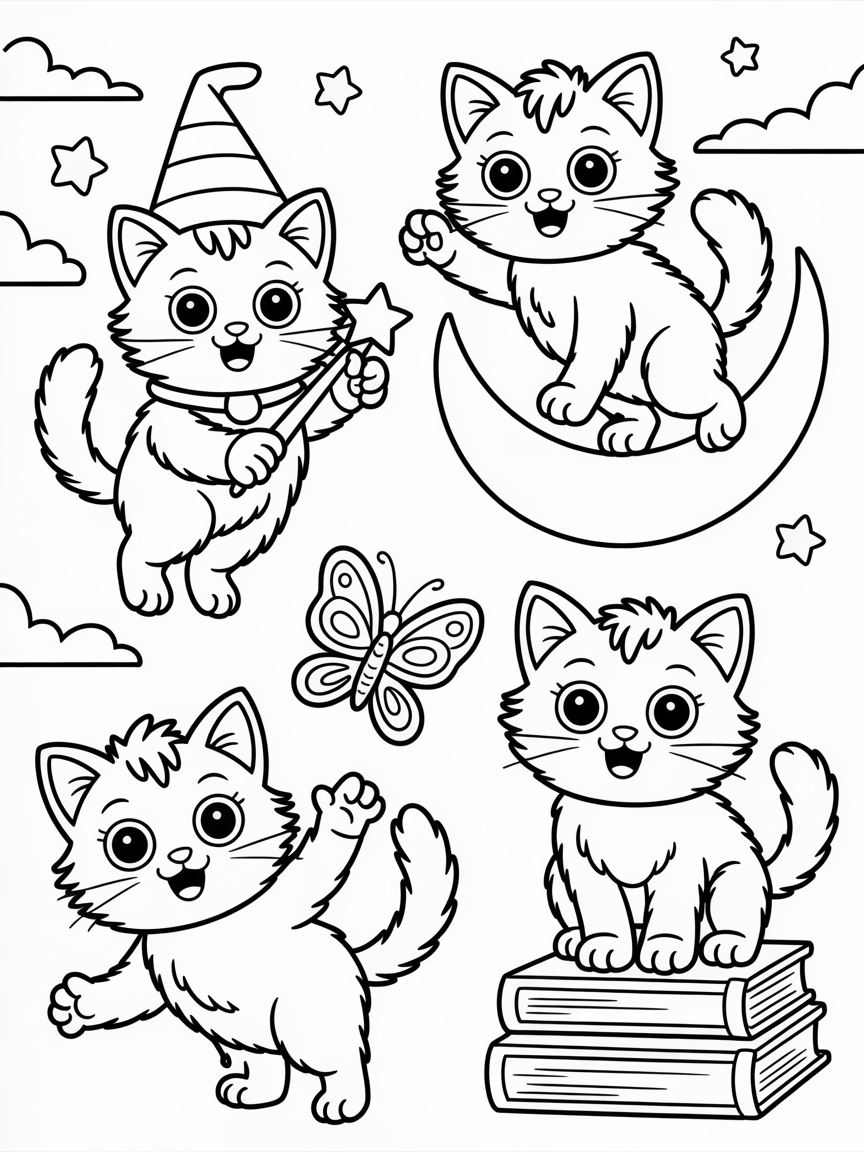 A page of cute magic cats - Free Coloring Page