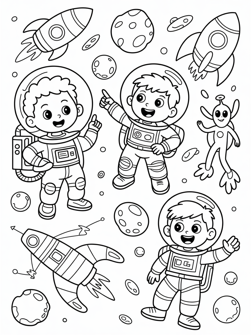 Two young boys with short hair on a space adventure with rocket ships aliens and asteroids - Free Coloring Page
