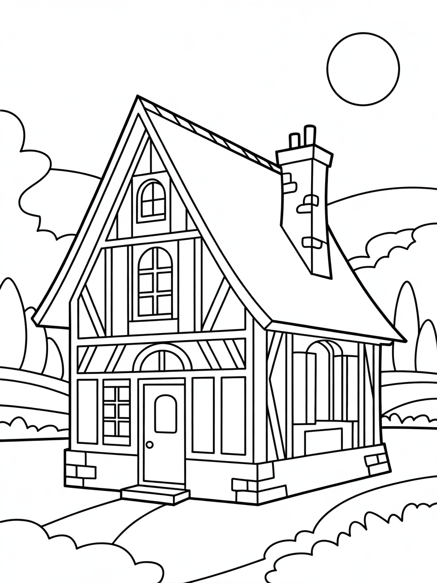 Half-timbered French Normandy house - Free Coloring Page