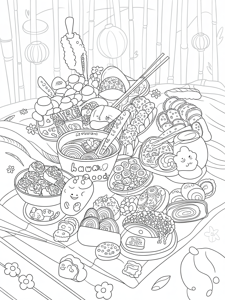 kawAi fooooooods - Free Coloring Page