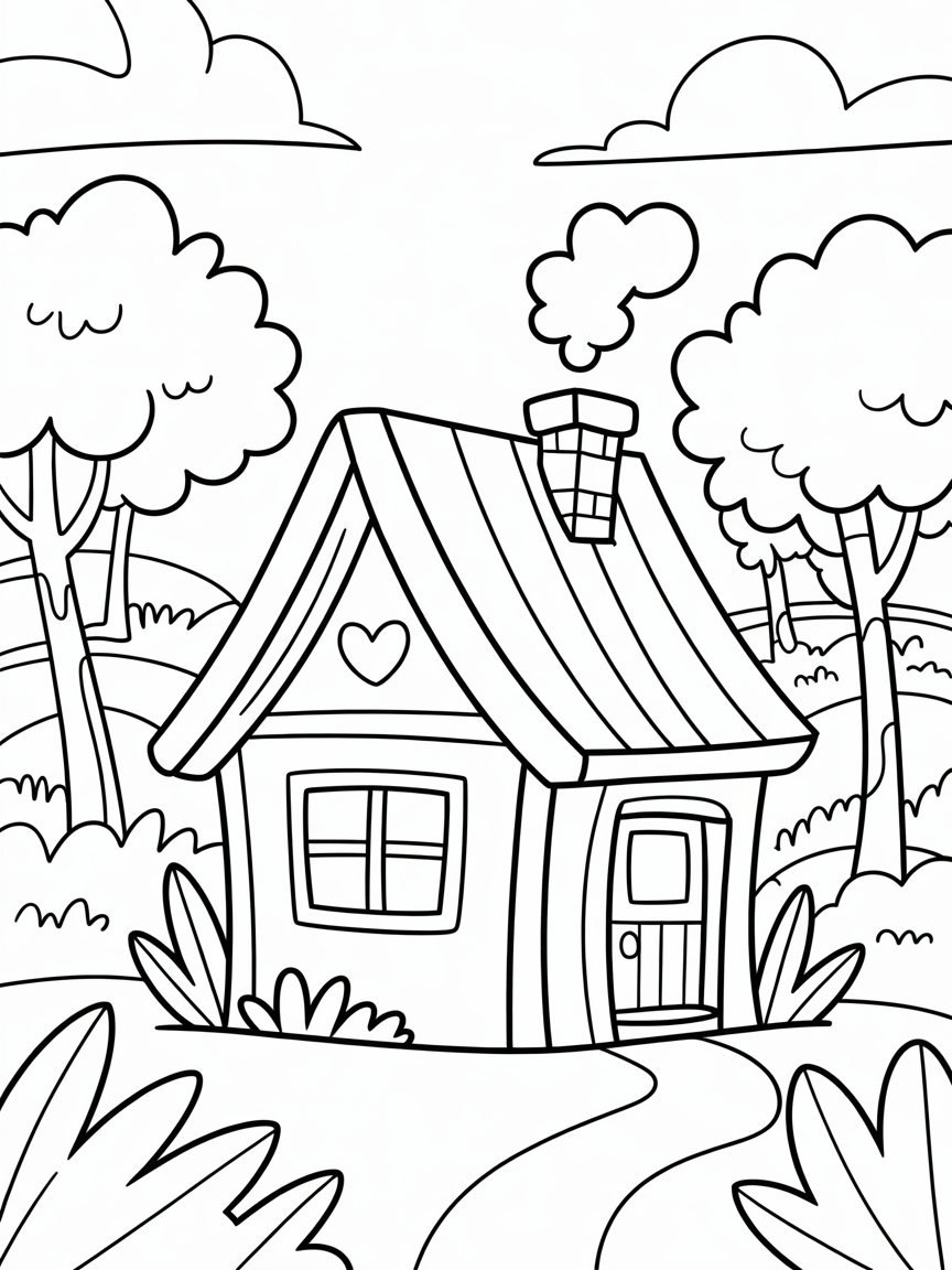 A house in the woods on a sunny day - Free Coloring Page
