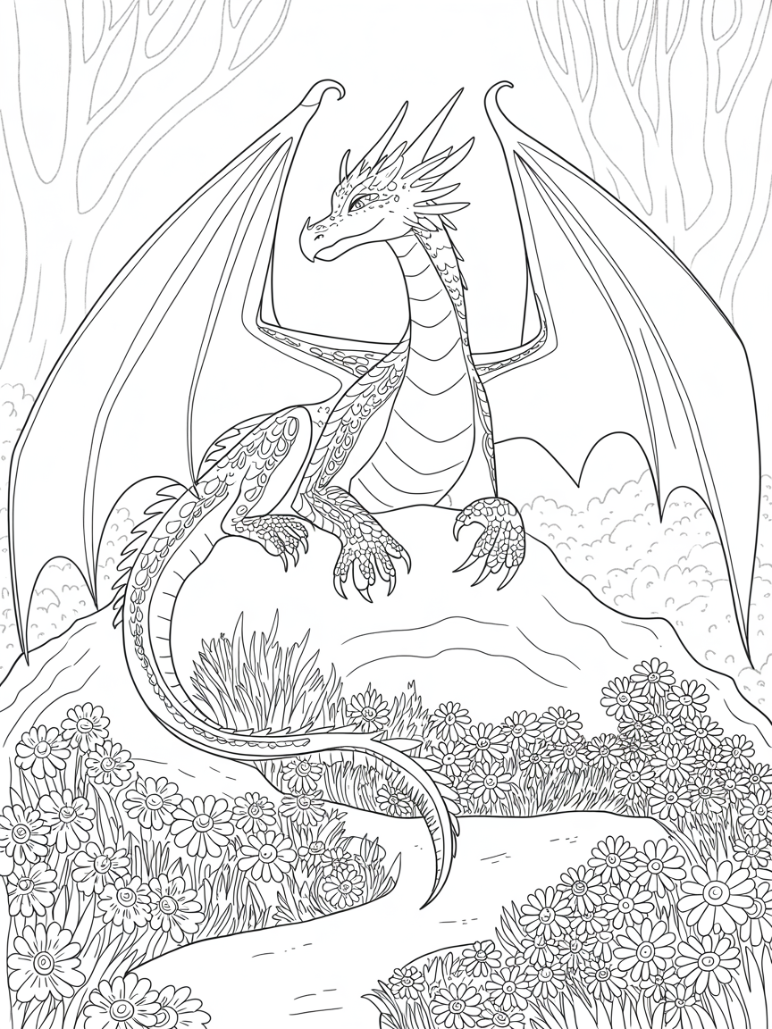 Drache auf Waldlichtung mit Blumen - Free Coloring Page