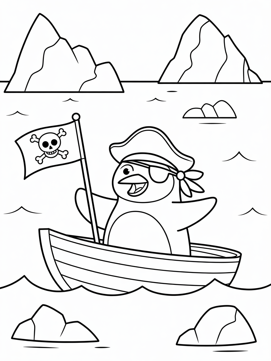 Pirate penguin sailing icy seas - Free Coloring Page