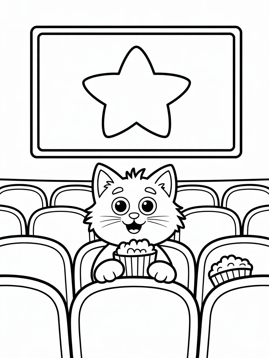 A cat at the cinema - Free Coloring Page