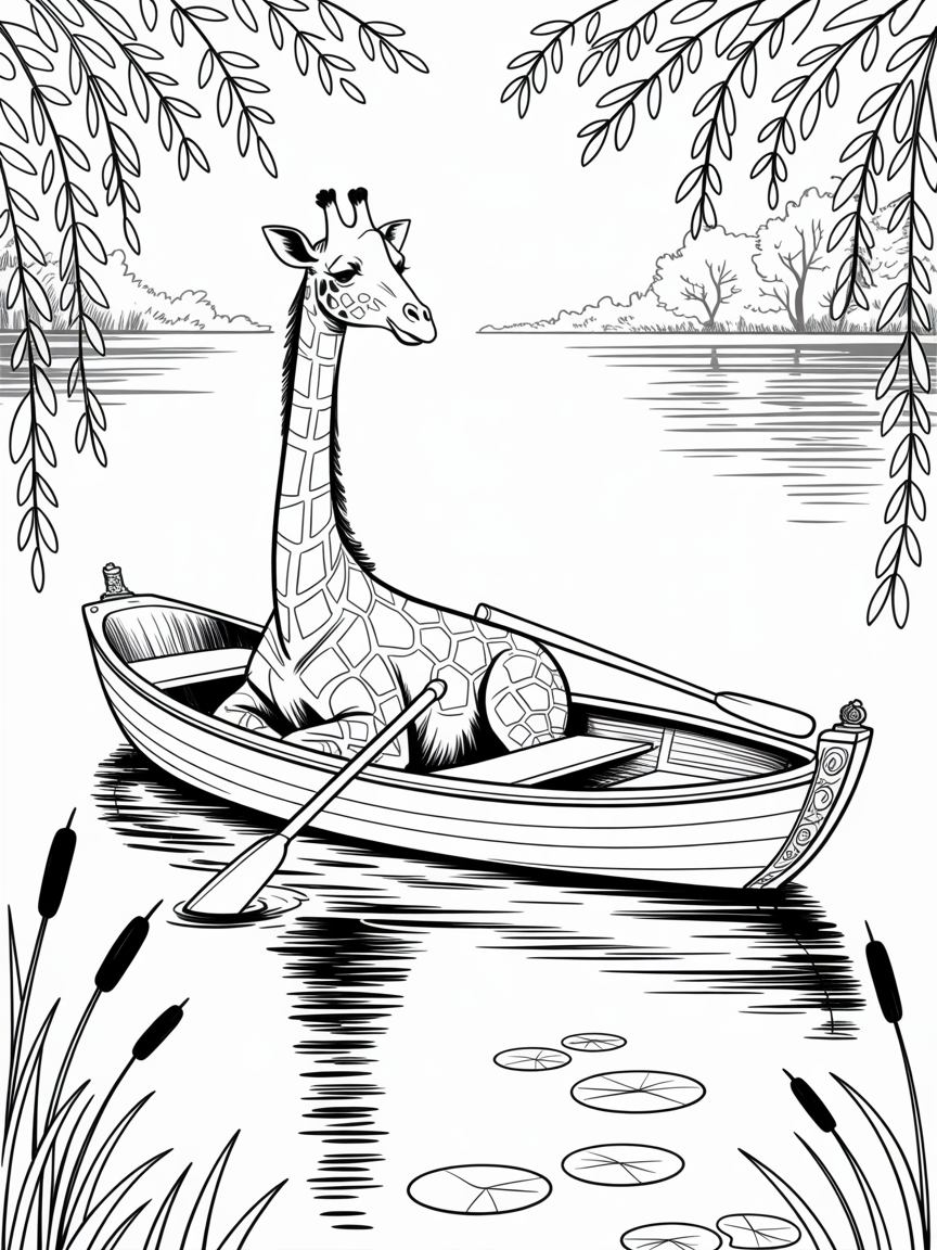 A giraffe in a rowing boat - Free Coloring Page