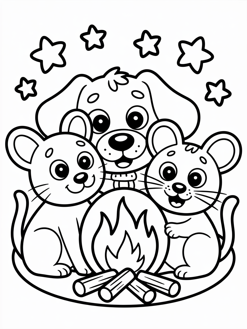 A dog, a cat, and a mouse snuggled up in front of a fire - Free Coloring Page