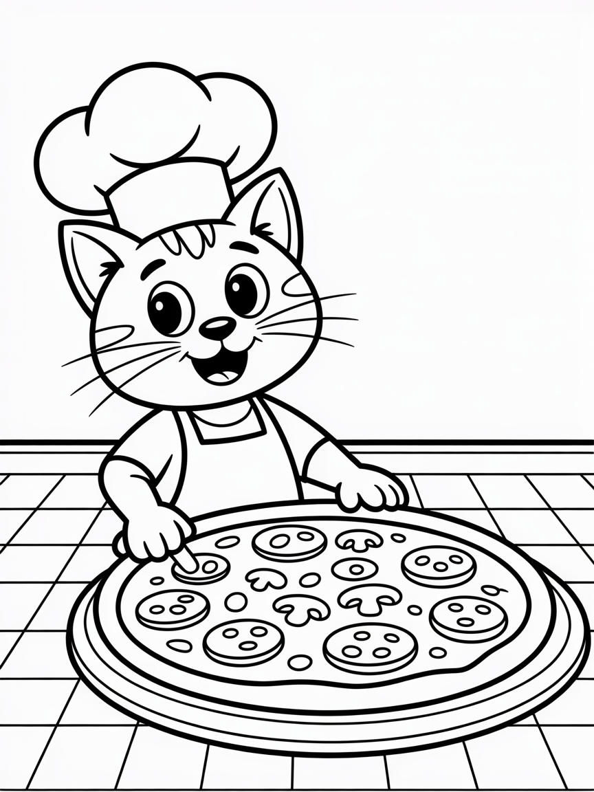 Cat chef baking giant pizza - Free Coloring Page
