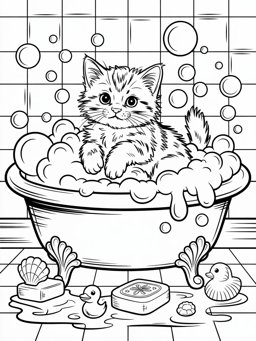 A kitten in a bubble bath - Free Coloring Page