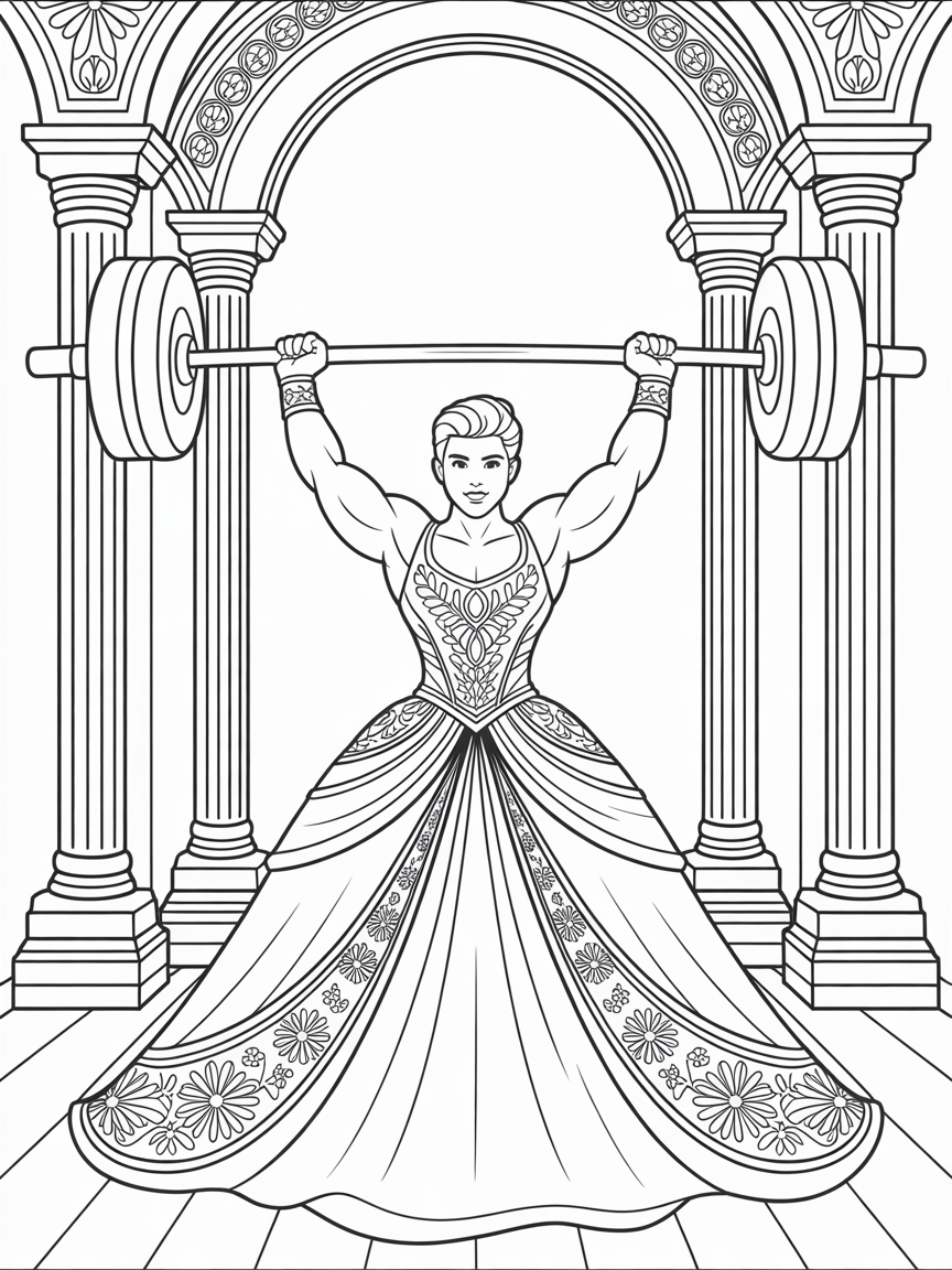 A weight lifter in a princess dress - Free Coloring Page