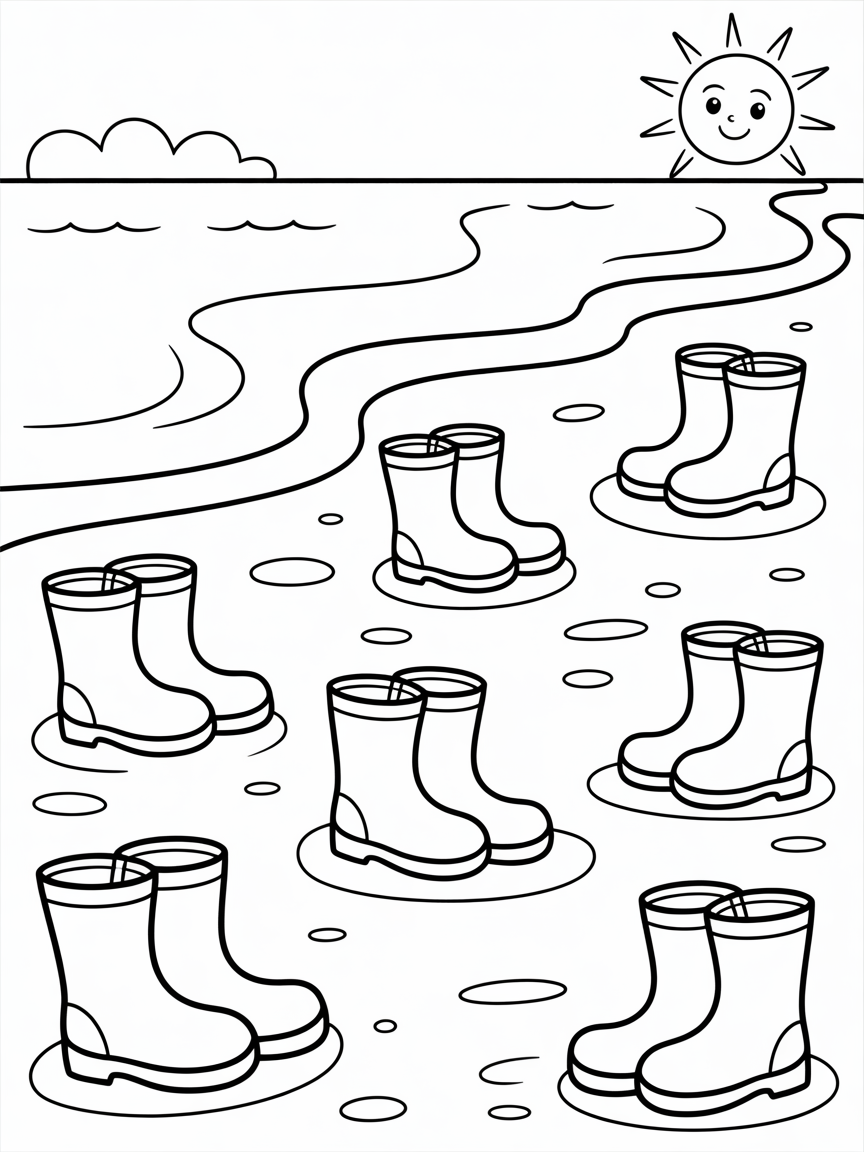 A beach scene with lots of yellow wellingtons hidden around. - Free Coloring Page