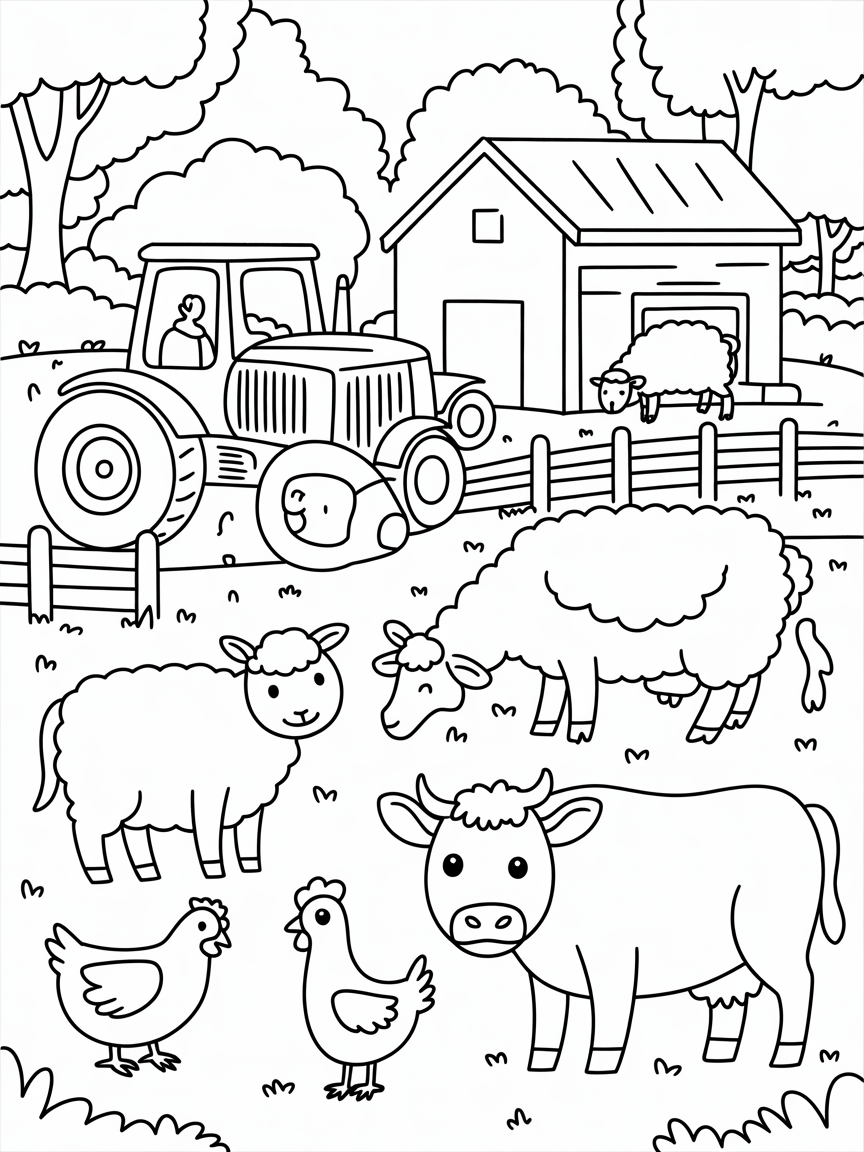 An old farm in the woods, tractors, ducks, sheep, chickens and cows - Free Coloring Page
