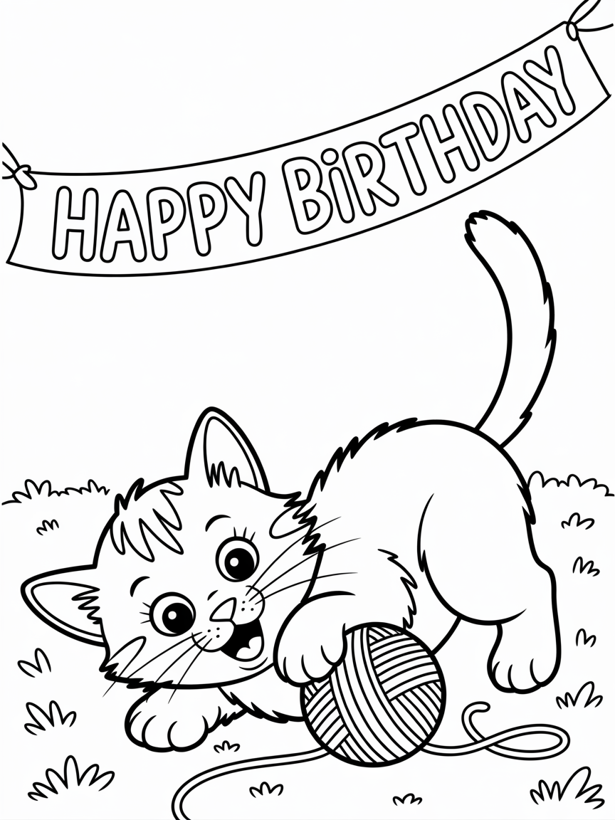a cat rolling on the ground playing with yarn with a happy birthday banner - Free Coloring Page