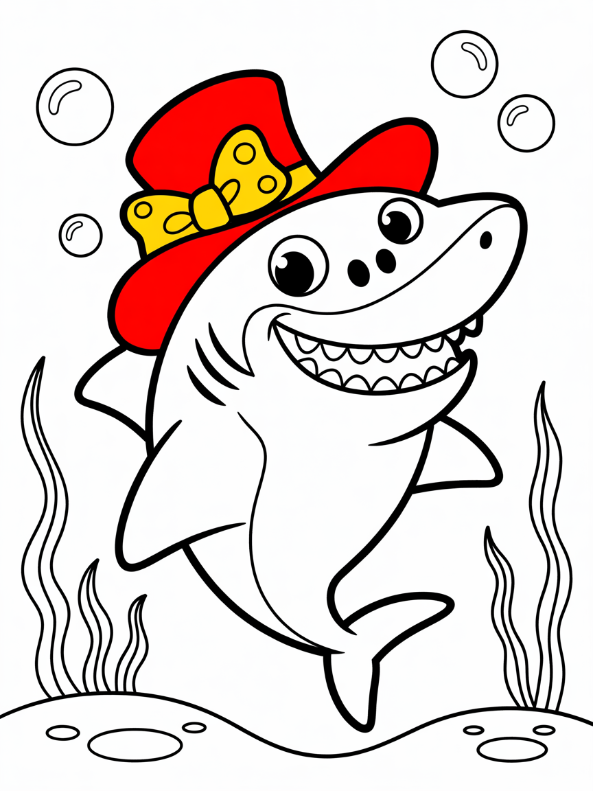 A smiling shark with a hat on - Free Coloring Page