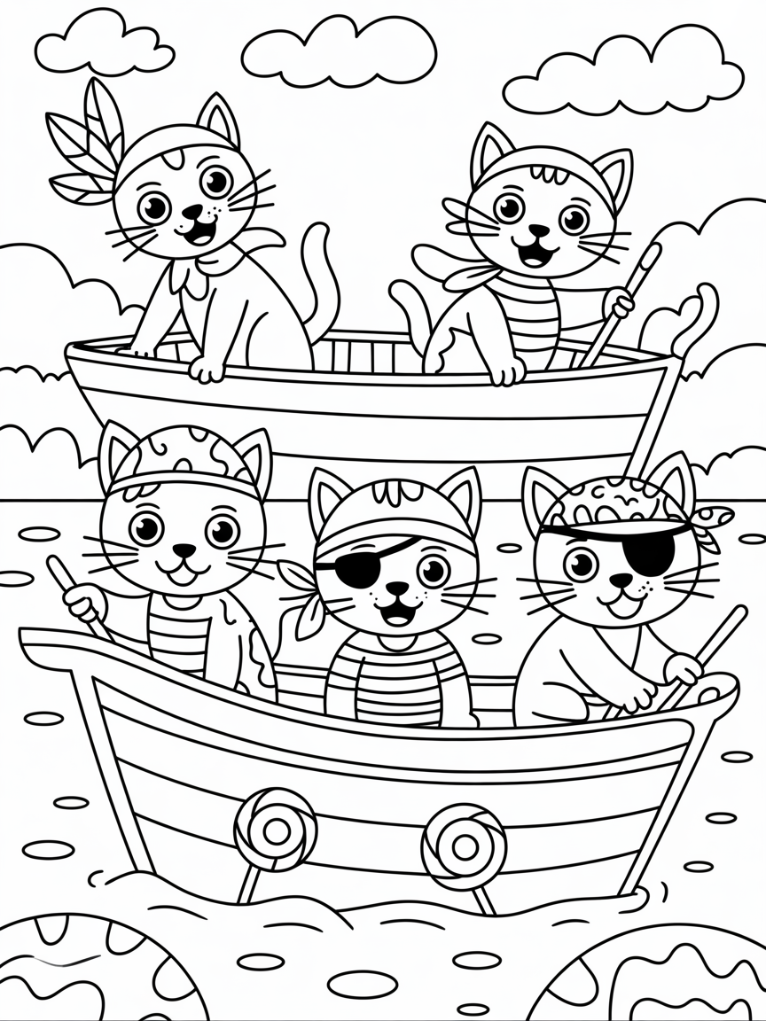 Pirate cats sailing candy seas - Free Coloring Page