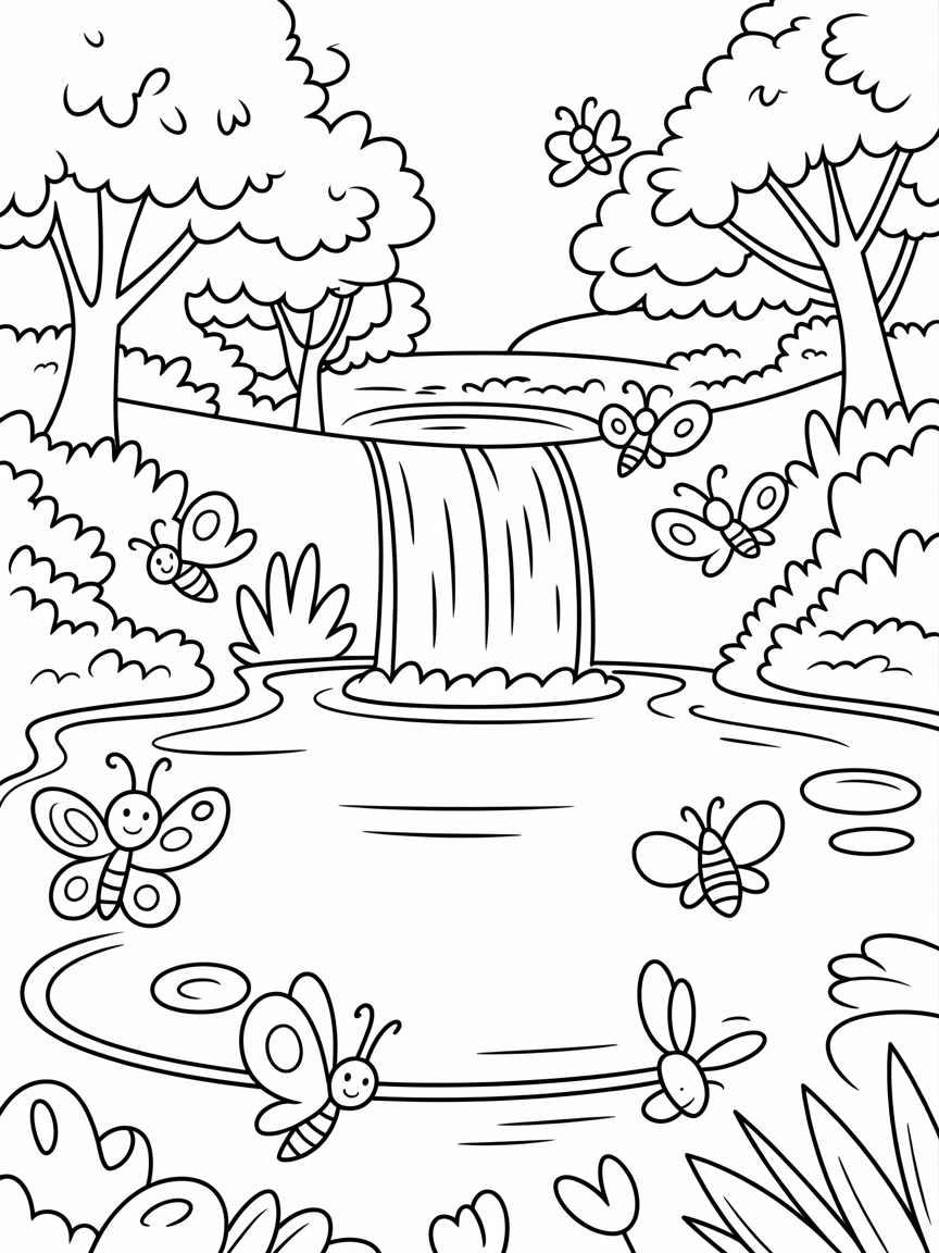 A stunning crystal clear pond with a waterfall sparkling in the sun with canopy trees and butterflies and bees and birds - Free Coloring Page
