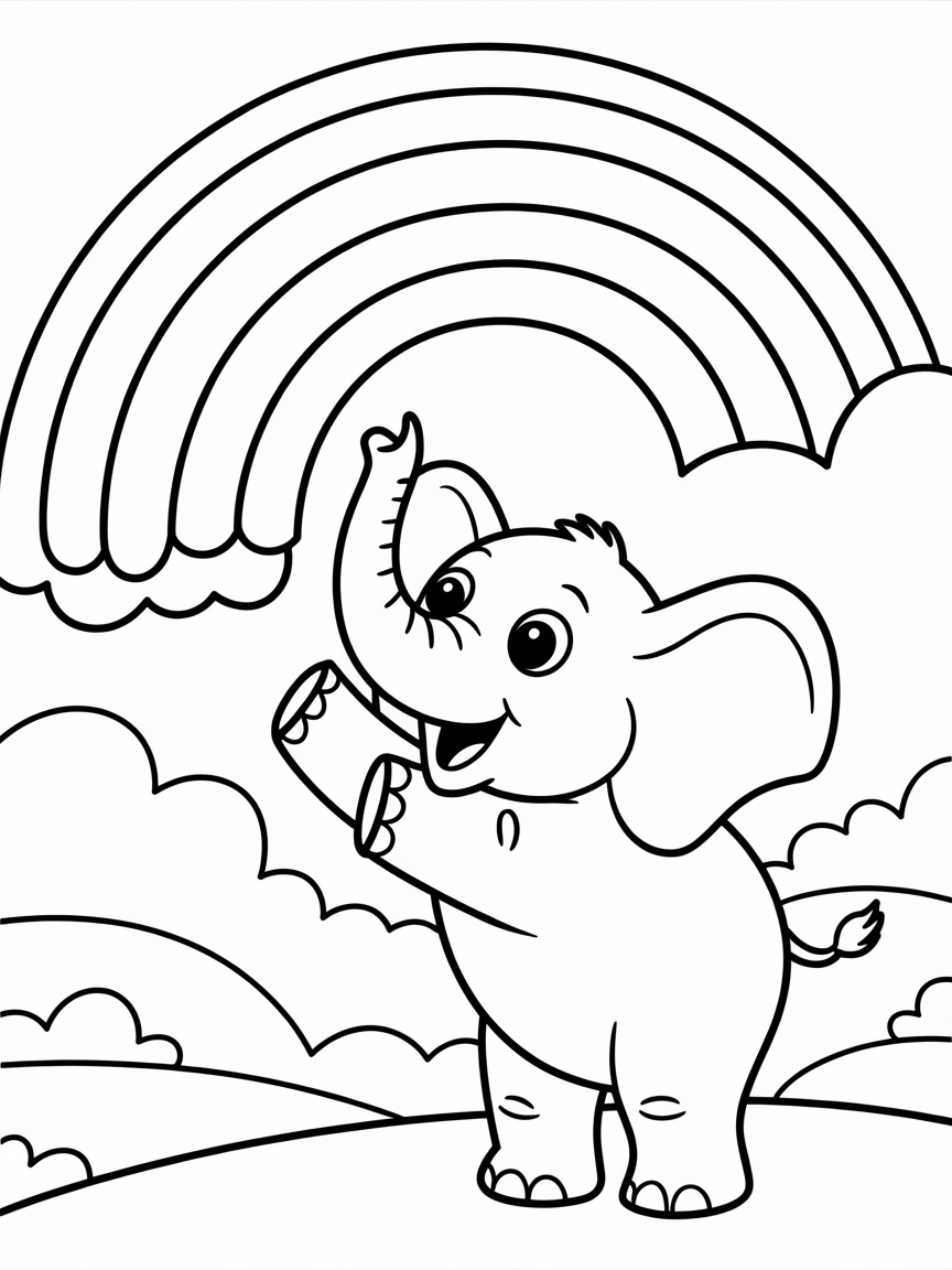 Elephant painting rainbow with trunk - Free Coloring Page