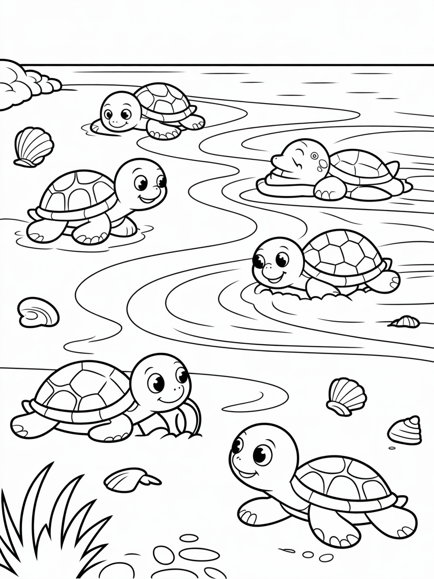 Turtles and waves on the beach - Free Coloring Page